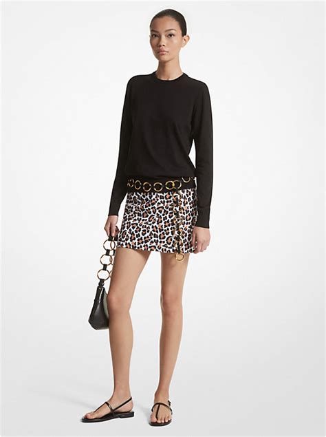 Leopard Print Stretch Cotton Broadcloth Skirt 